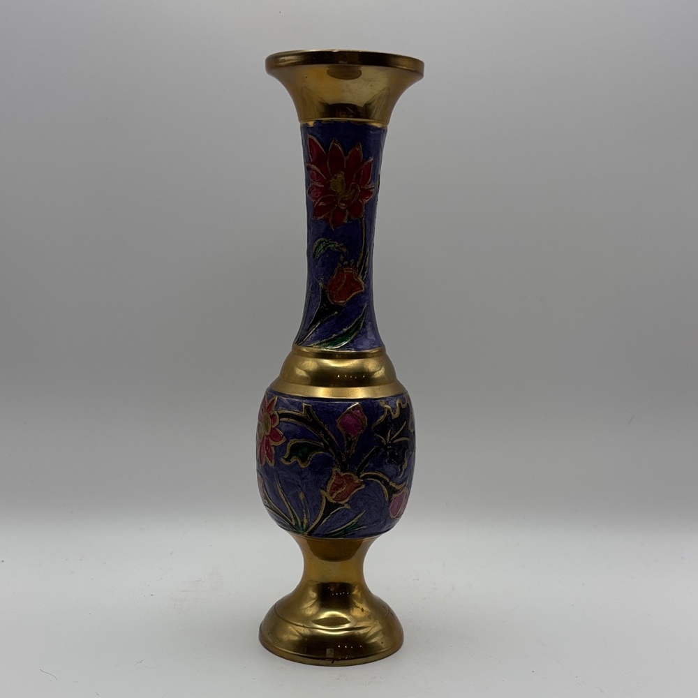 VTG 7-1/2" Brass Floral Cloisonne‎ Bud Vase